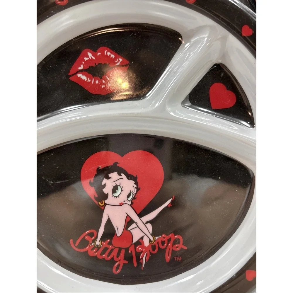 New Betty Boop 3 Piece Feeding‎ Set Hearts & Lips Divided Plate Fork Spoon 2003